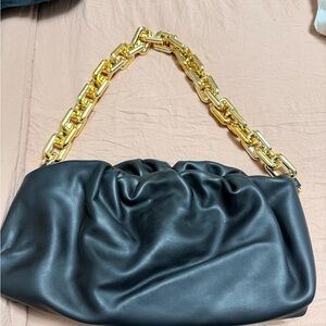 Black Ruched Shoulder Bag with Gold Chain Handle